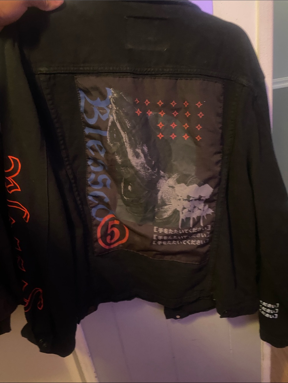 Rue21 Black Graphic Denim Jacket with Red and Blue Accents